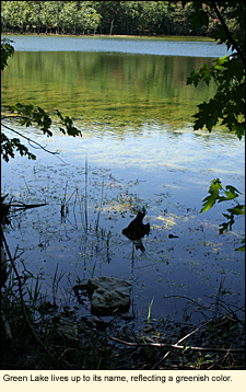 Green Lake at Clark Reservation State Park lives up to its name, reflecting a greenish color.