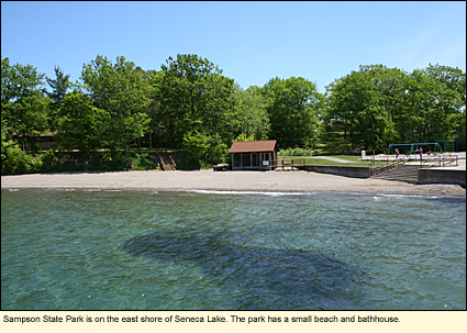 Sampson State Park is on the east shore of Seneca Lake. The park has a small beach and bathhouse.