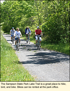 The Sampson State Park Lake Trail is a great place to hike, bird, and bike. Bikes can be rented at the park office/