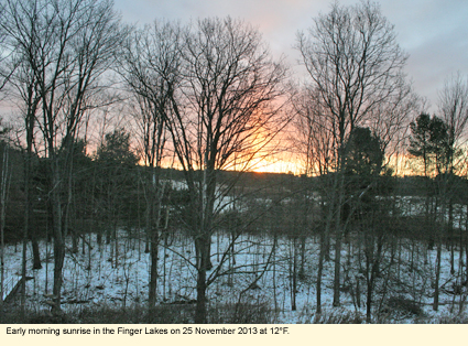 Early morning sunrise in the Finger Lakes on 25 November 2013 at 12 degrees F.
