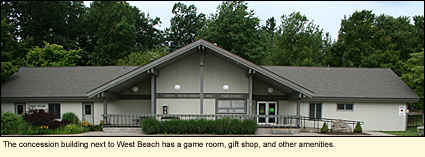 The concession building next to West Beach has a game room, gift shop, and other amenities.